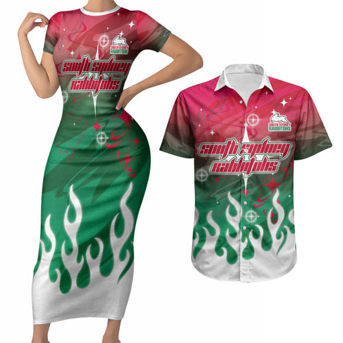 Personalized South Sydney Rabbitohs Couples Matching Short Sleeve Bodycon Dress and Hawaiian Shirt Y2K Grunge Aesthetic With Cyber Flames and Starburst Graphics