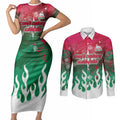 Personalized South Sydney Rabbitohs Couples Matching Short Sleeve Bodycon Dress and Long Sleeve Button Shirt Y2K Grunge Aesthetic With Cyber Flames and Starburst Graphics
