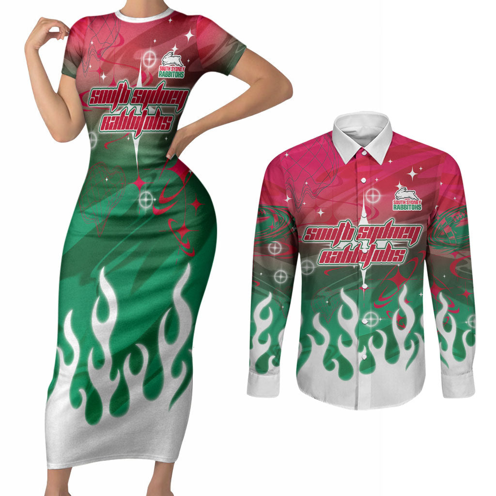 Personalized South Sydney Rabbitohs Couples Matching Short Sleeve Bodycon Dress and Long Sleeve Button Shirt Y2K Grunge Aesthetic With Cyber Flames and Starburst Graphics