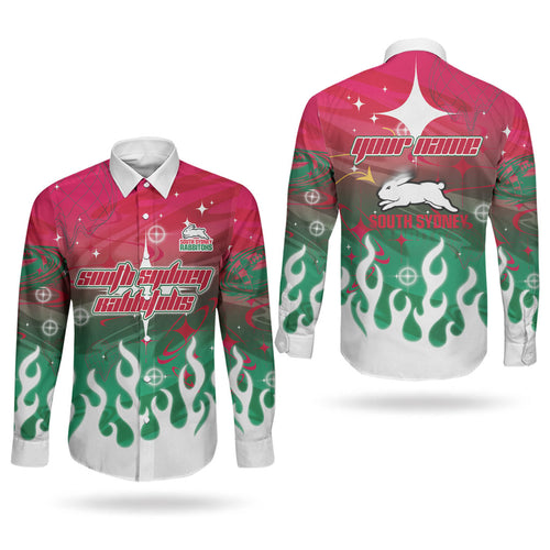 Personalized South Sydney Rabbitohs Couples Matching Short Sleeve Bodycon Dress and Long Sleeve Button Shirt Y2K Grunge Aesthetic With Cyber Flames and Starburst Graphics