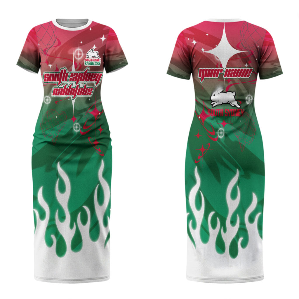 Personalized South Sydney Rabbitohs Couples Matching Short Sleeve Bodycon Dress and Long Sleeve Button Shirt Y2K Grunge Aesthetic With Cyber Flames and Starburst Graphics