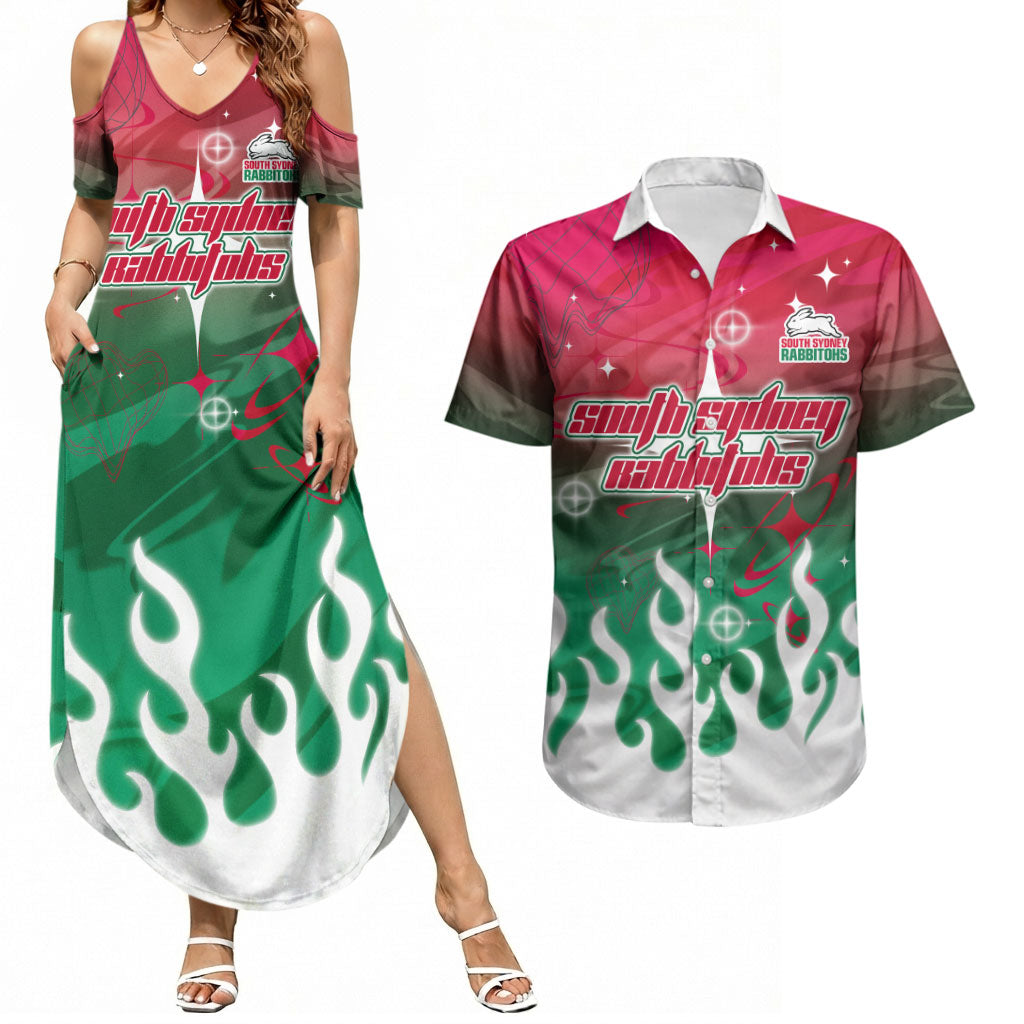 Personalized South Sydney Rabbitohs Couples Matching Summer Maxi Dress and Hawaiian Shirt Y2K Grunge Aesthetic With Cyber Flames and Starburst Graphics