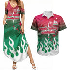 Personalized South Sydney Rabbitohs Couples Matching Summer Maxi Dress and Hawaiian Shirt Y2K Grunge Aesthetic With Cyber Flames and Starburst Graphics