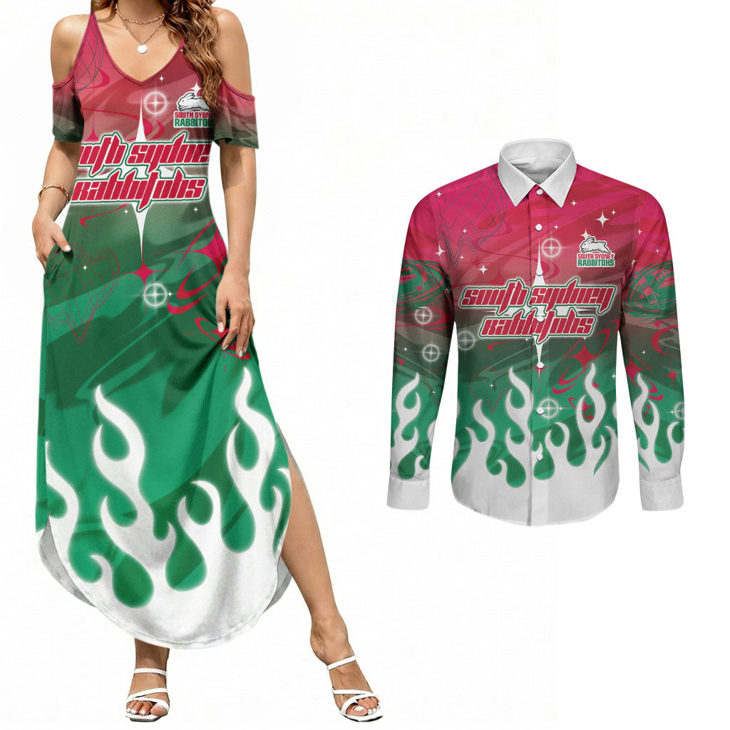 Personalized South Sydney Rabbitohs Couples Matching Summer Maxi Dress and Long Sleeve Button Shirt Y2K Grunge Aesthetic With Cyber Flames and Starburst Graphics