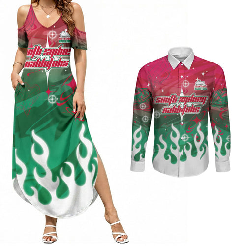 Personalized South Sydney Rabbitohs Couples Matching Summer Maxi Dress and Long Sleeve Button Shirt Y2K Grunge Aesthetic With Cyber Flames and Starburst Graphics
