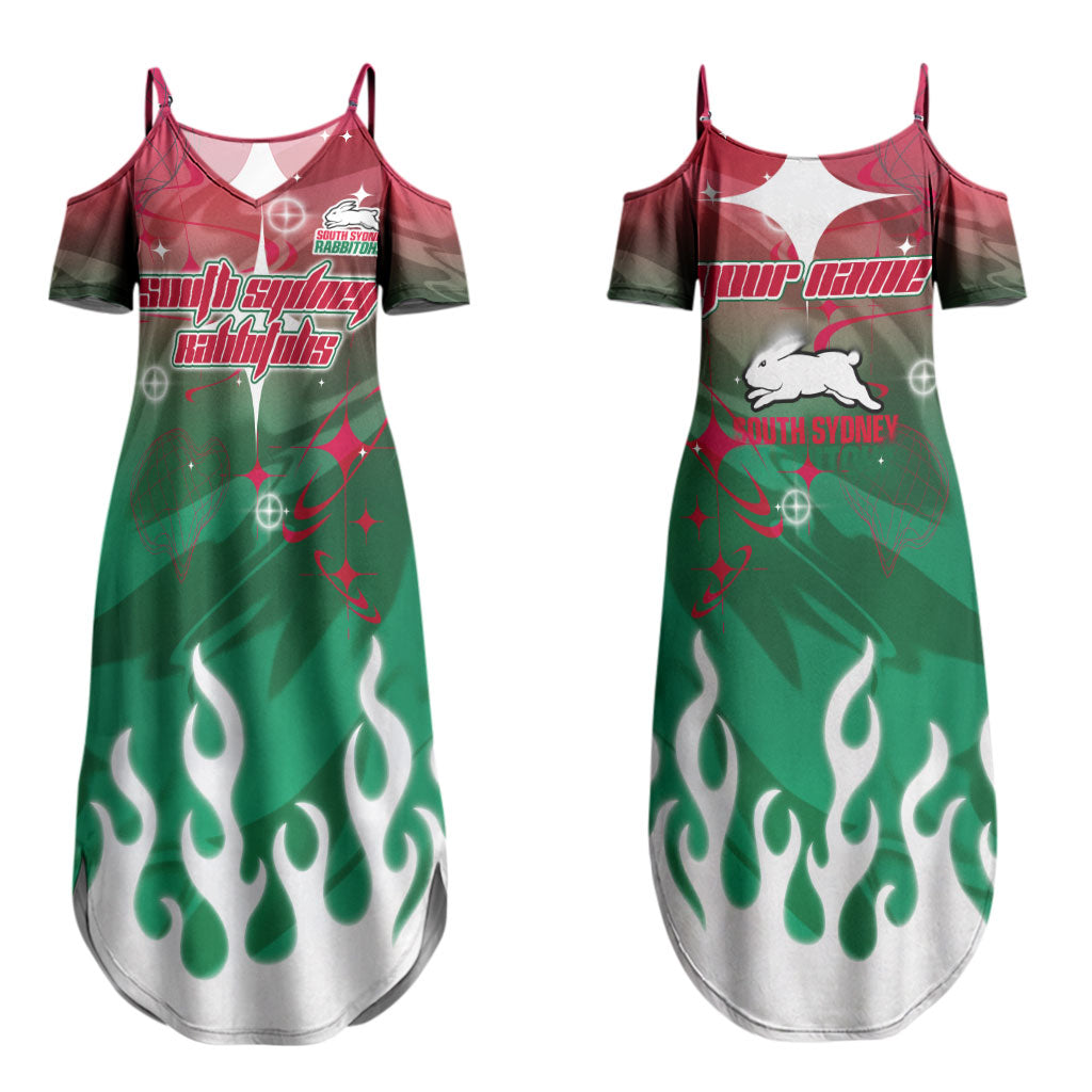 Personalized South Sydney Rabbitohs Couples Matching Summer Maxi Dress and Long Sleeve Button Shirt Y2K Grunge Aesthetic With Cyber Flames and Starburst Graphics