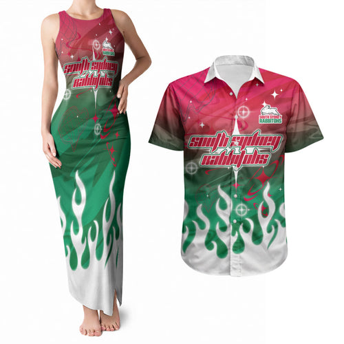 Personalized South Sydney Rabbitohs Couples Matching Tank Maxi Dress and Hawaiian Shirt Y2K Grunge Aesthetic With Cyber Flames and Starburst Graphics