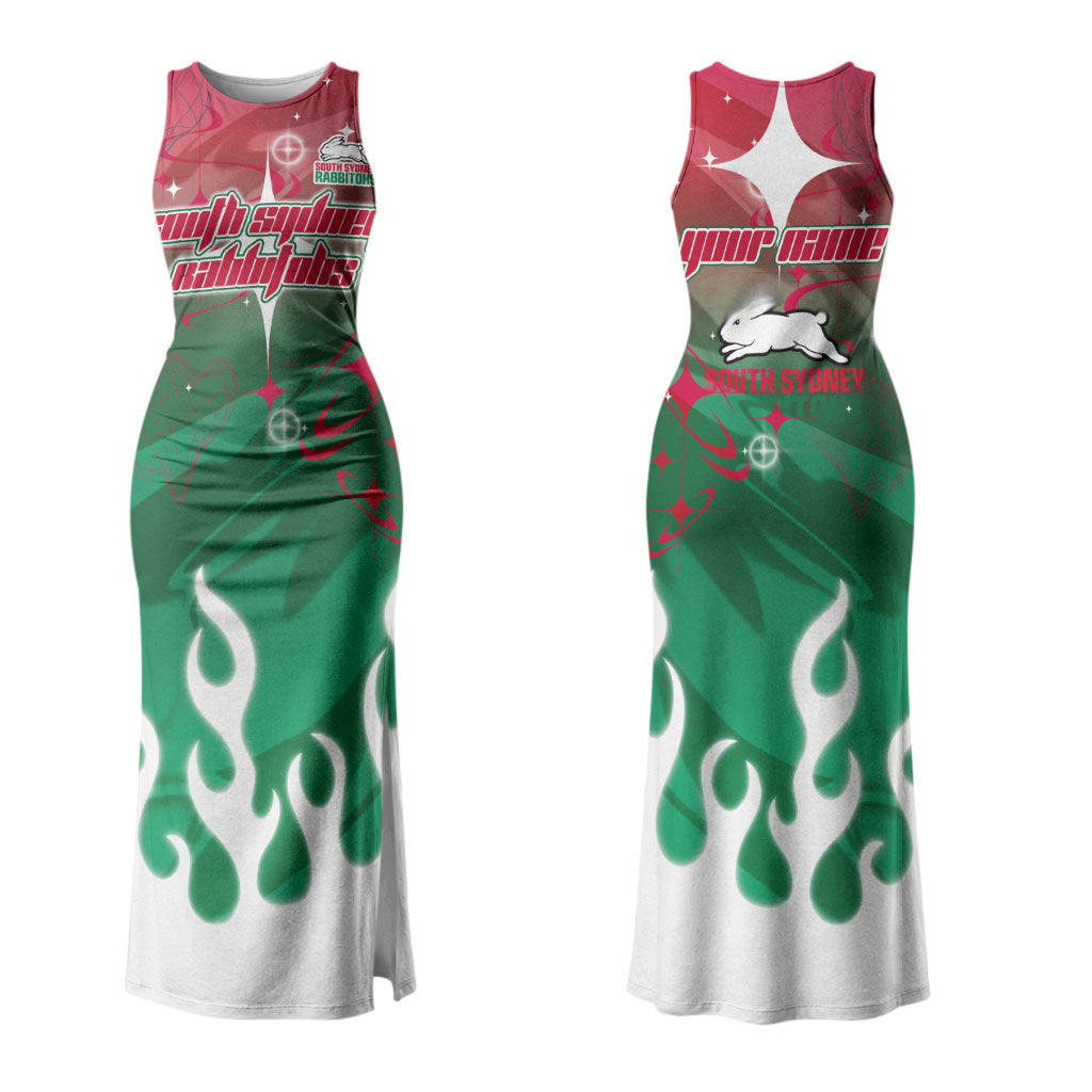 Personalized South Sydney Rabbitohs Couples Matching Tank Maxi Dress and Hawaiian Shirt Y2K Grunge Aesthetic With Cyber Flames and Starburst Graphics