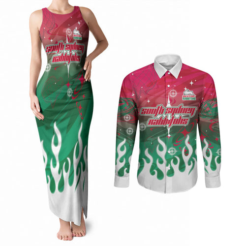 Personalized South Sydney Rabbitohs Couples Matching Tank Maxi Dress and Long Sleeve Button Shirt Y2K Grunge Aesthetic With Cyber Flames and Starburst Graphics
