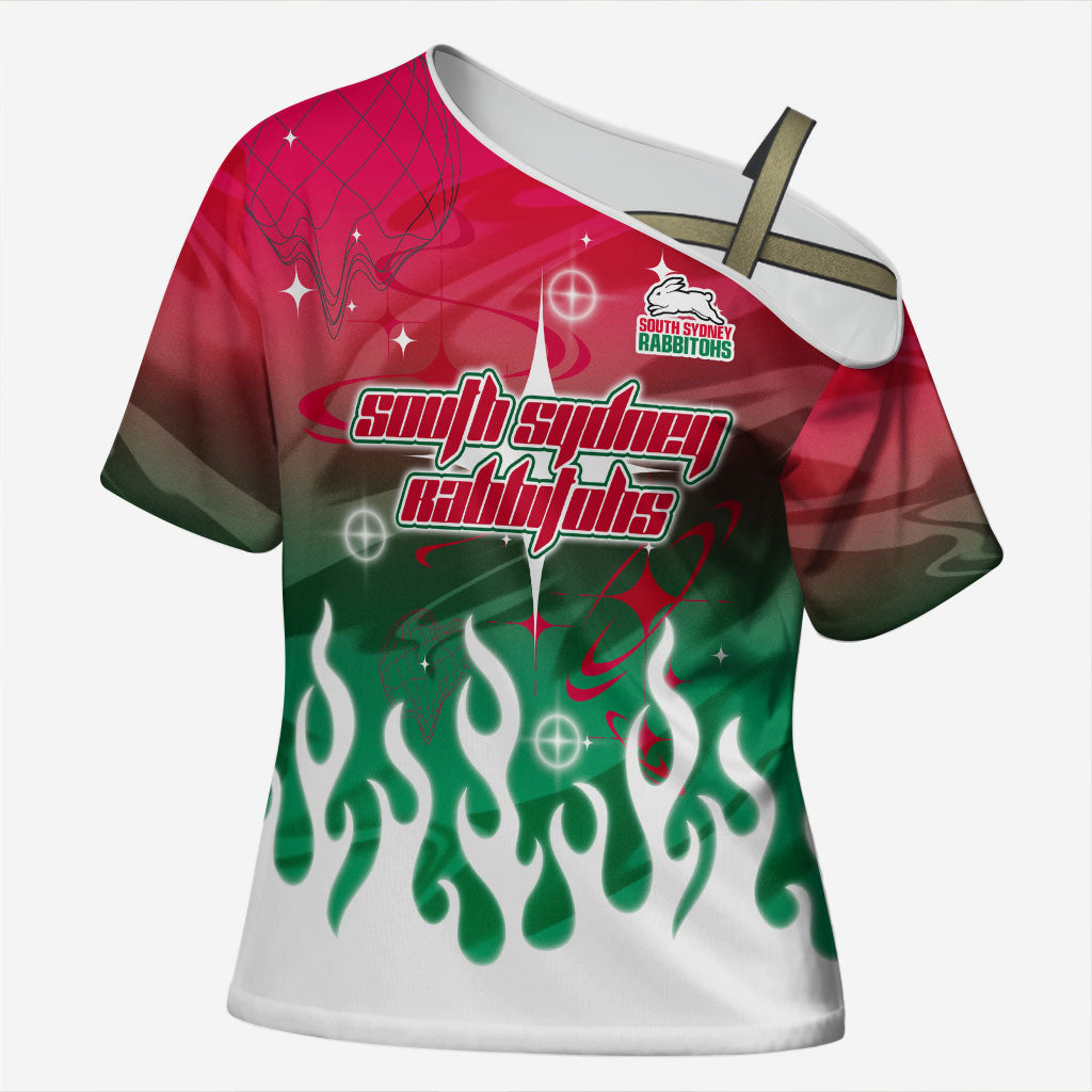 Personalized South Sydney Rabbitohs Cross Shoulder Shirt Y2K Grunge Aesthetic With Cyber Flames and Starburst Graphics