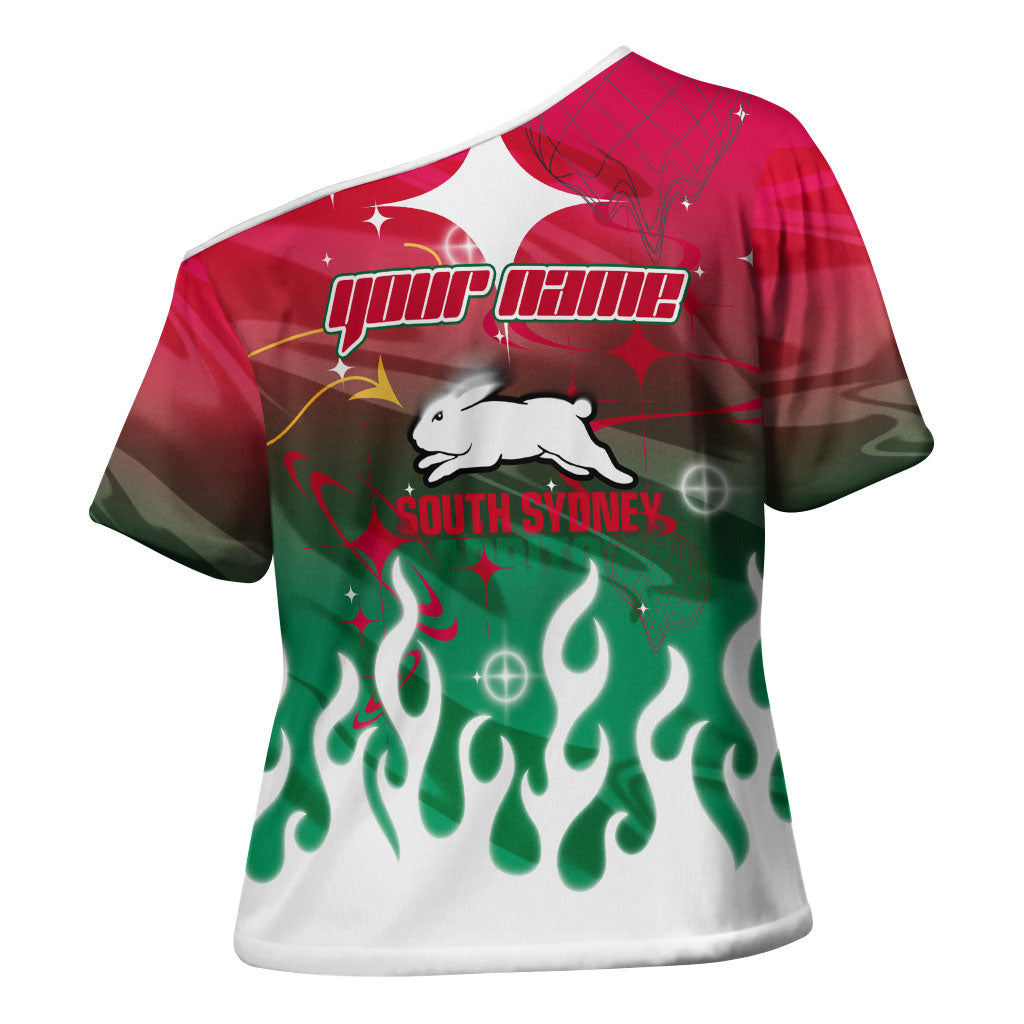 Personalized South Sydney Rabbitohs Cross Shoulder Shirt Y2K Grunge Aesthetic With Cyber Flames and Starburst Graphics