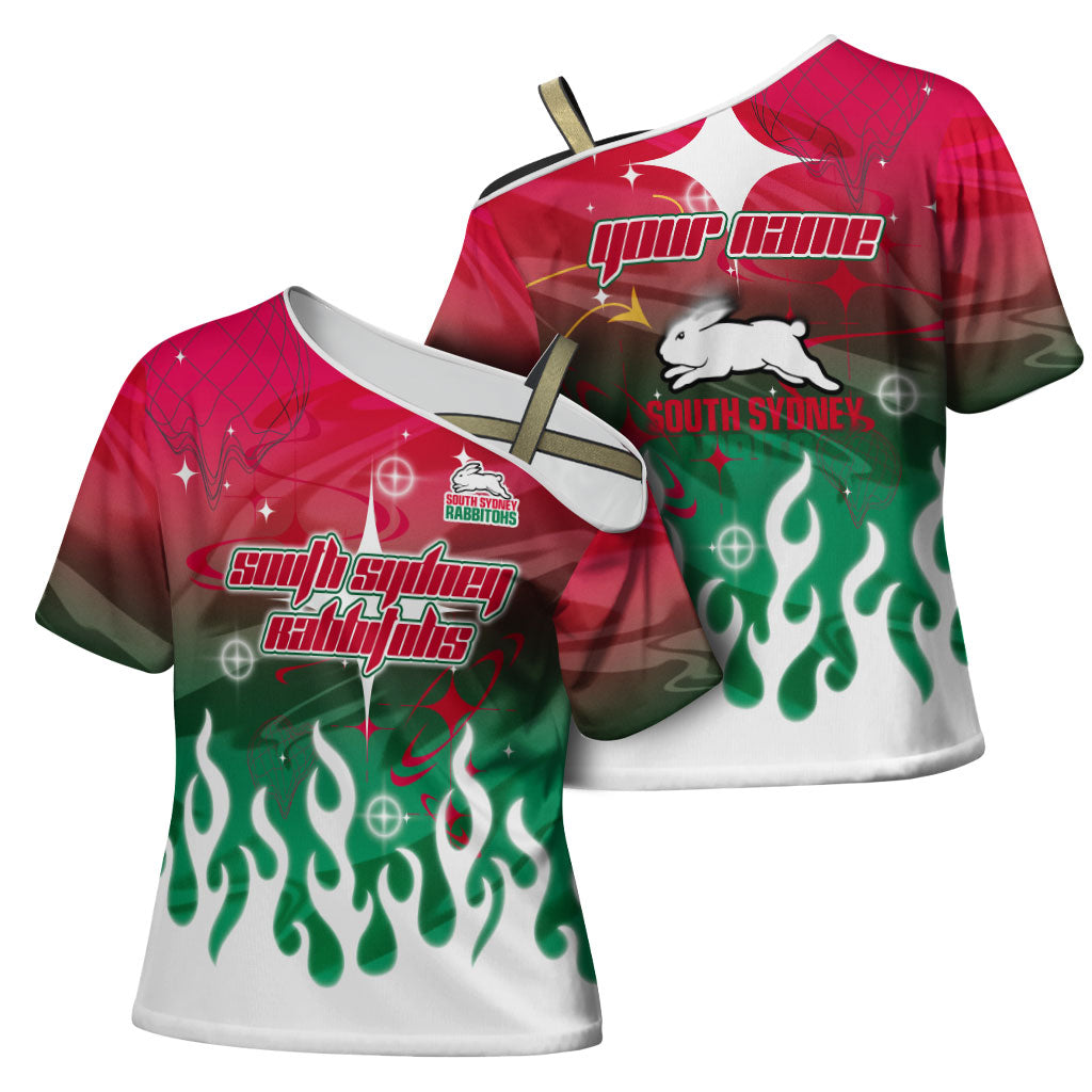 Personalized South Sydney Rabbitohs Cross Shoulder Shirt Y2K Grunge Aesthetic With Cyber Flames and Starburst Graphics