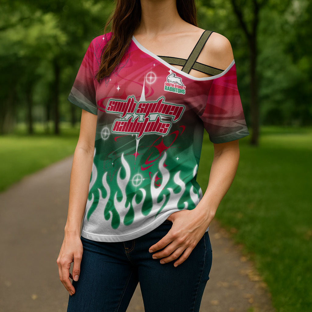 Personalized South Sydney Rabbitohs Cross Shoulder Shirt Y2K Grunge Aesthetic With Cyber Flames and Starburst Graphics