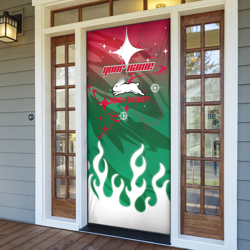 Personalized South Sydney Rabbitohs Door Cover Y2K Grunge Aesthetic With Cyber Flames and Starburst Graphics
