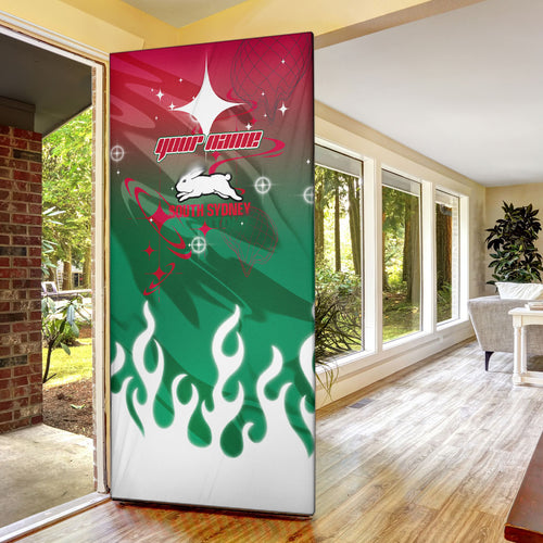 Personalized South Sydney Rabbitohs Door Cover Y2K Grunge Aesthetic With Cyber Flames and Starburst Graphics