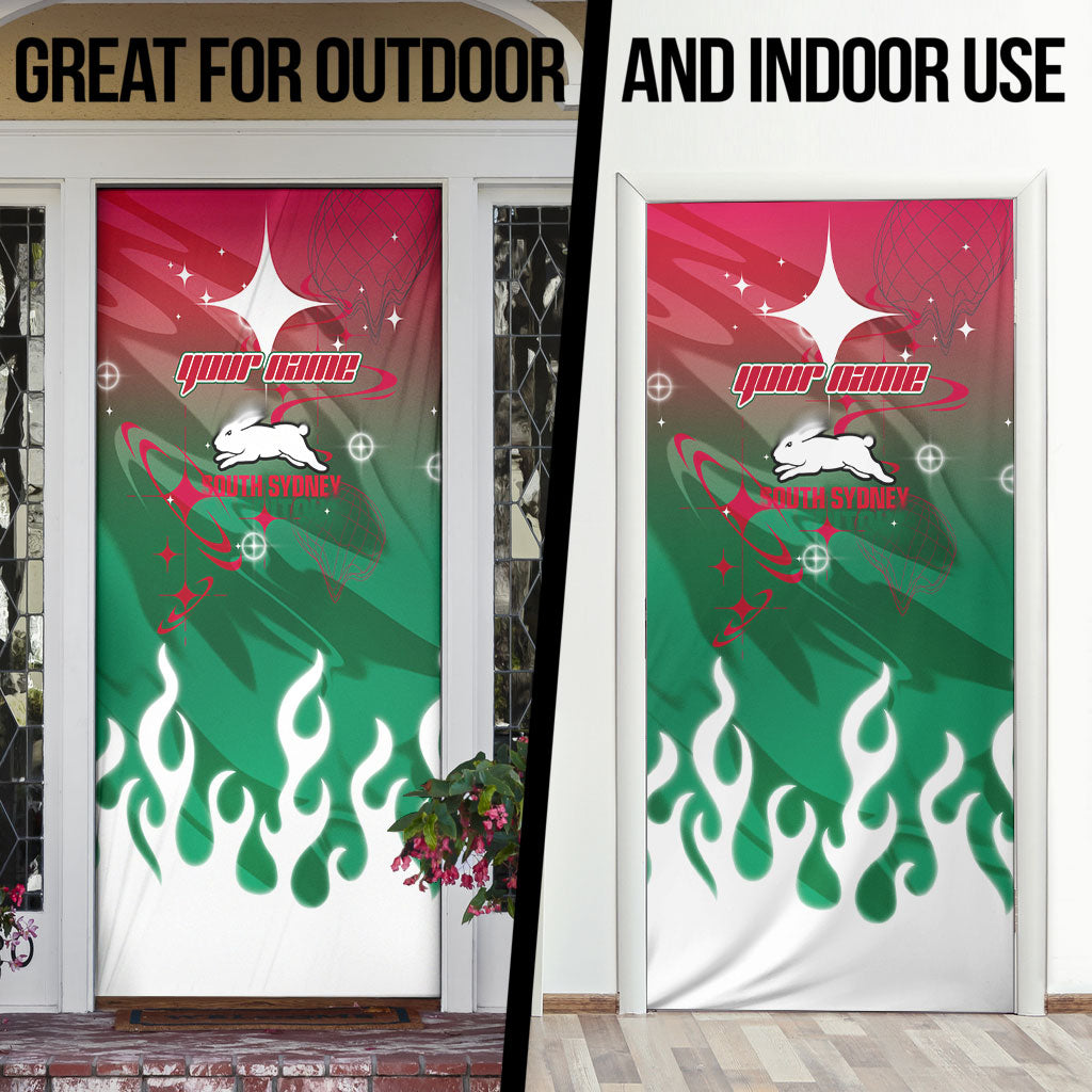 Personalized South Sydney Rabbitohs Door Cover Y2K Grunge Aesthetic With Cyber Flames and Starburst Graphics