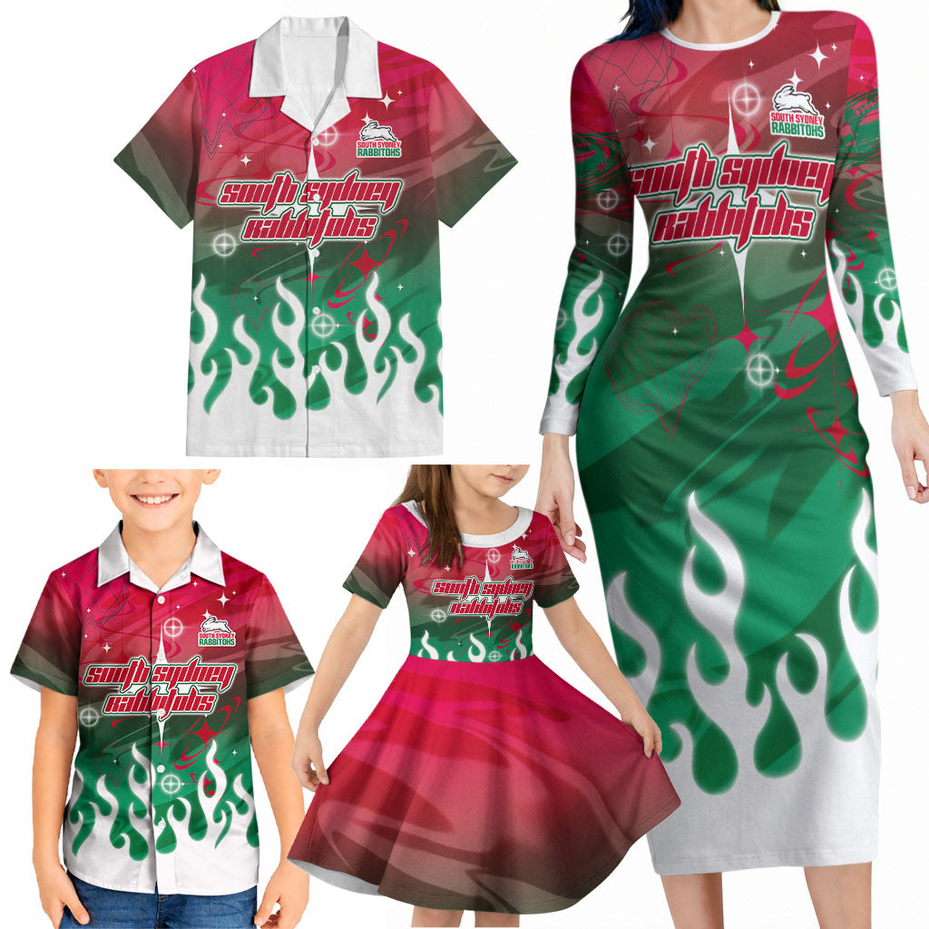 Personalized South Sydney Rabbitohs Family Matching Long Sleeve Bodycon Dress and Hawaiian Shirt Y2K Grunge Aesthetic With Cyber Flames and Starburst Graphics