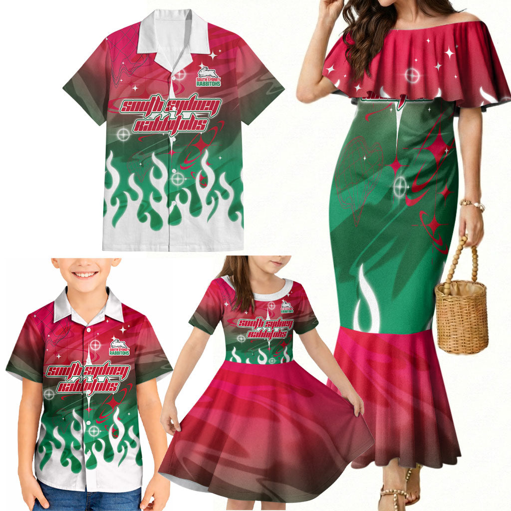 Personalized South Sydney Rabbitohs Family Matching Mermaid Dress and Hawaiian Shirt Y2K Grunge Aesthetic With Cyber Flames and Starburst Graphics