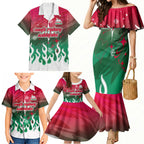 Personalized South Sydney Rabbitohs Family Matching Mermaid Dress and Hawaiian Shirt Y2K Grunge Aesthetic With Cyber Flames and Starburst Graphics