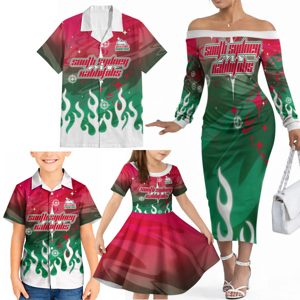 Personalized South Sydney Rabbitohs Family Matching Off The Shoulder Long Sleeve Dress and Hawaiian Shirt Y2K Grunge Aesthetic With Cyber Flames and Starburst Graphics