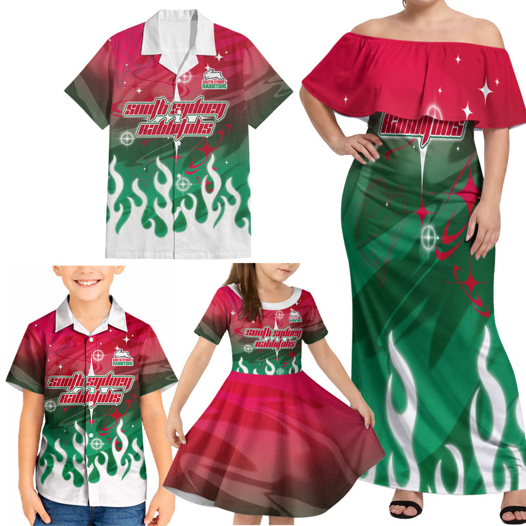 Personalized South Sydney Rabbitohs Family Matching Off Shoulder Maxi Dress and Hawaiian Shirt Y2K Grunge Aesthetic With Cyber Flames and Starburst Graphics