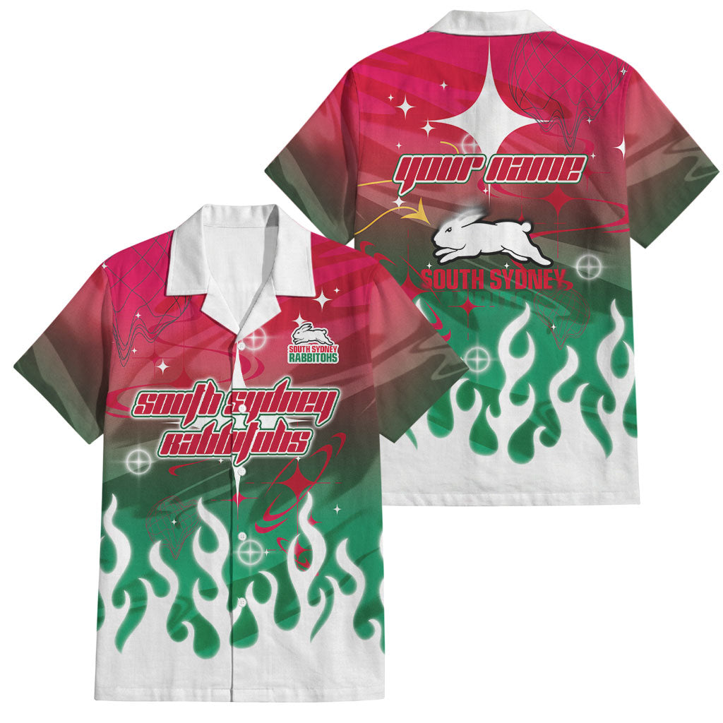 Personalized South Sydney Rabbitohs Family Matching Off Shoulder Maxi Dress and Hawaiian Shirt Y2K Grunge Aesthetic With Cyber Flames and Starburst Graphics