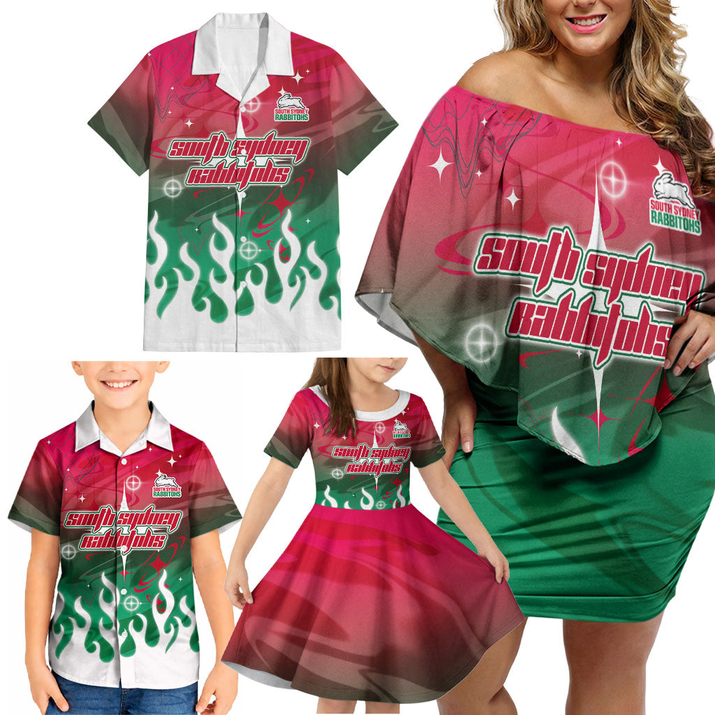 Personalized South Sydney Rabbitohs Family Matching Off Shoulder Short Dress and Hawaiian Shirt Y2K Grunge Aesthetic With Cyber Flames and Starburst Graphics