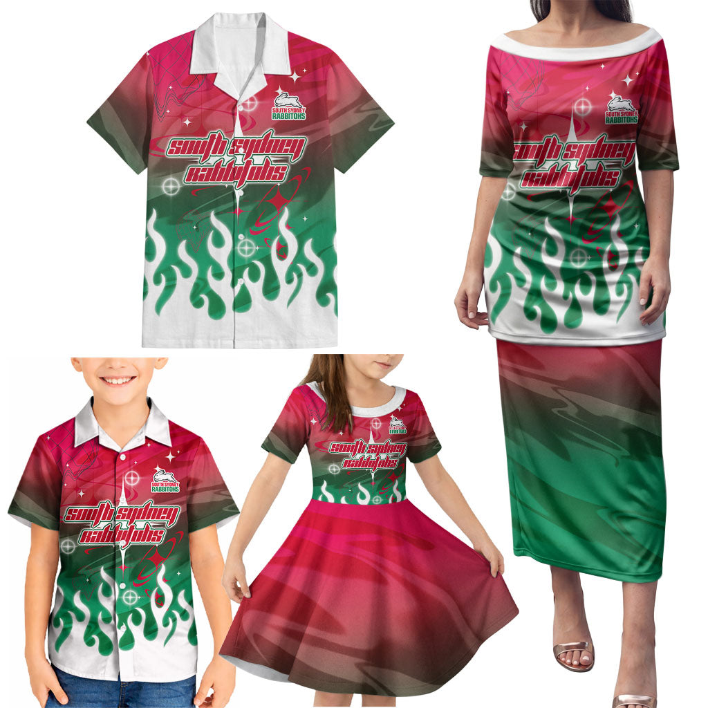 Personalized South Sydney Rabbitohs Family Matching Puletasi and Hawaiian Shirt Y2K Grunge Aesthetic With Cyber Flames and Starburst Graphics