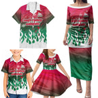 Personalized South Sydney Rabbitohs Family Matching Puletasi and Hawaiian Shirt Y2K Grunge Aesthetic With Cyber Flames and Starburst Graphics