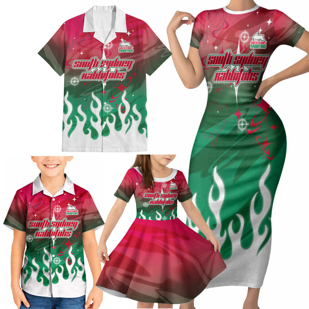 Personalized South Sydney Rabbitohs Family Matching Short Sleeve Bodycon Dress and Hawaiian Shirt Y2K Grunge Aesthetic With Cyber Flames and Starburst Graphics
