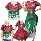 Personalized South Sydney Rabbitohs Family Matching Short Sleeve Bodycon Dress and Hawaiian Shirt Y2K Grunge Aesthetic With Cyber Flames and Starburst Graphics