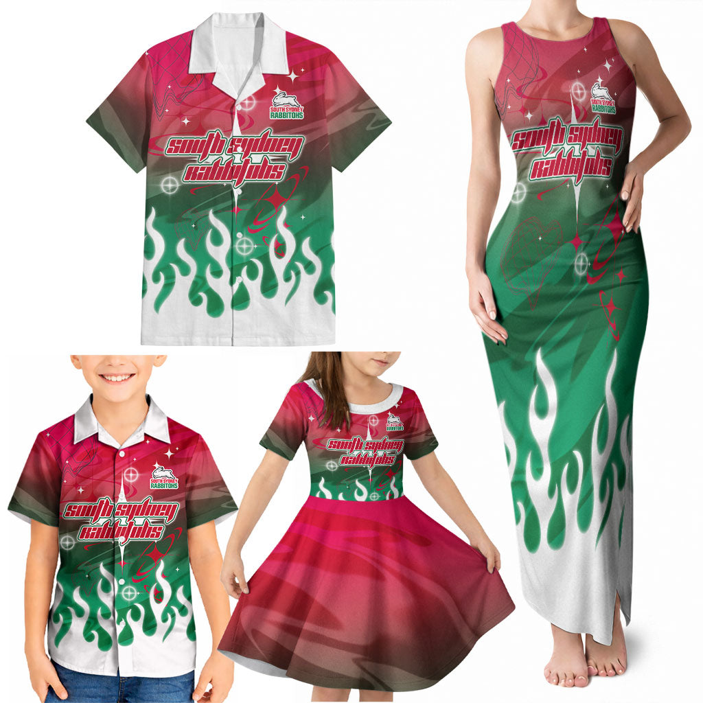 Personalized South Sydney Rabbitohs Family Matching Tank Maxi Dress and Hawaiian Shirt Y2K Grunge Aesthetic With Cyber Flames and Starburst Graphics