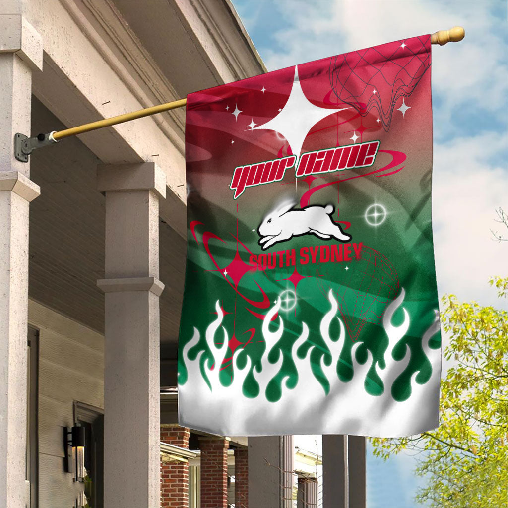 Personalized South Sydney Rabbitohs Garden Flag Y2K Grunge Aesthetic With Cyber Flames and Starburst Graphics