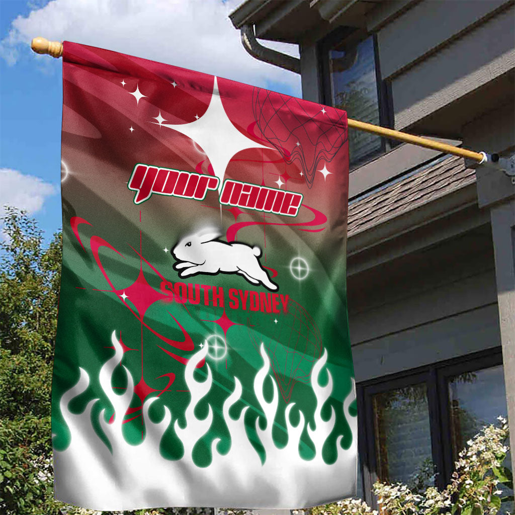 Personalized South Sydney Rabbitohs Garden Flag Y2K Grunge Aesthetic With Cyber Flames and Starburst Graphics