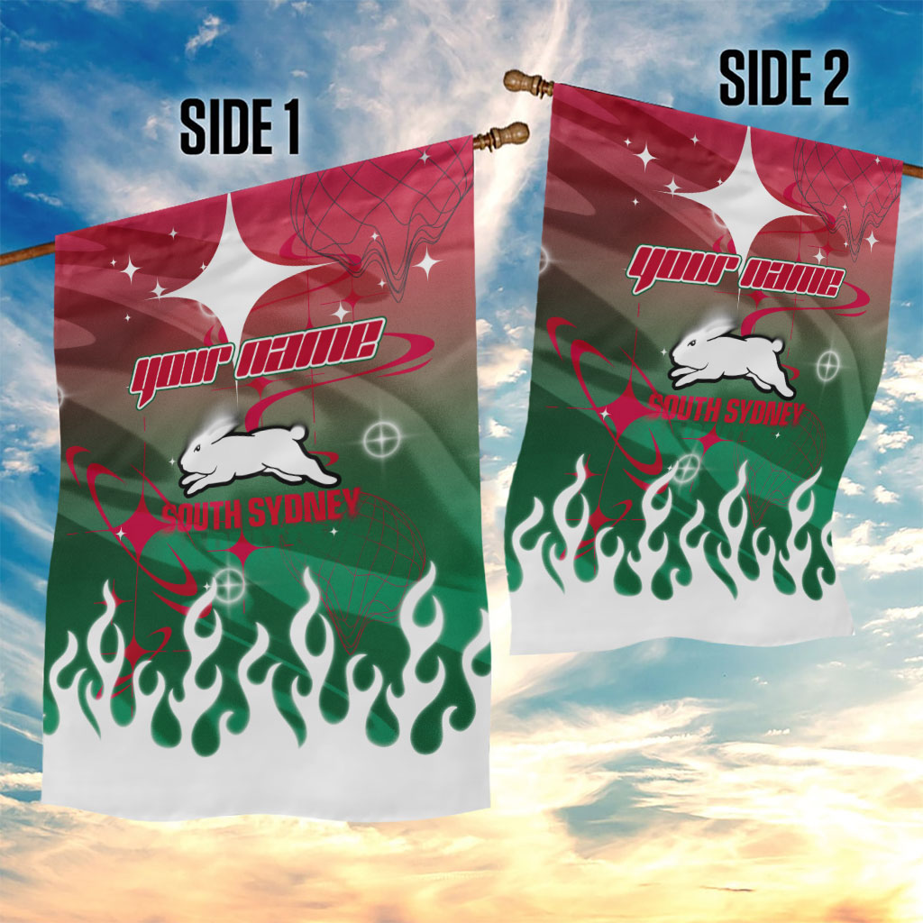 Personalized South Sydney Rabbitohs Garden Flag Y2K Grunge Aesthetic With Cyber Flames and Starburst Graphics