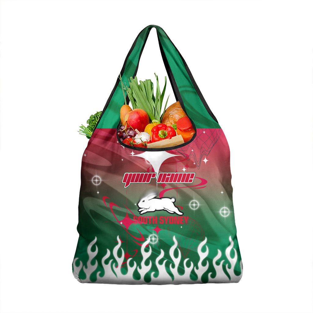 Personalized South Sydney Rabbitohs Grocery Bag Y2K Grunge Aesthetic With Cyber Flames and Starburst Graphics
