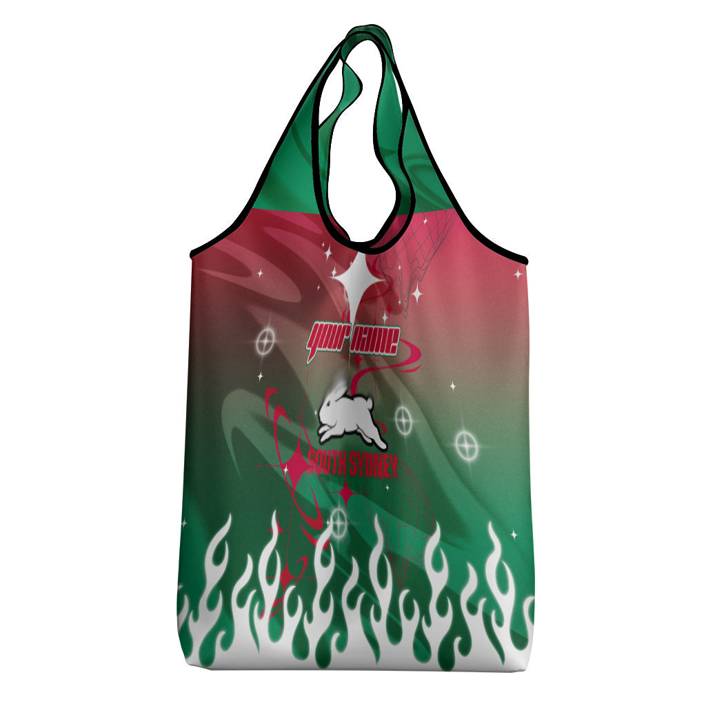 Personalized South Sydney Rabbitohs Grocery Bag Y2K Grunge Aesthetic With Cyber Flames and Starburst Graphics