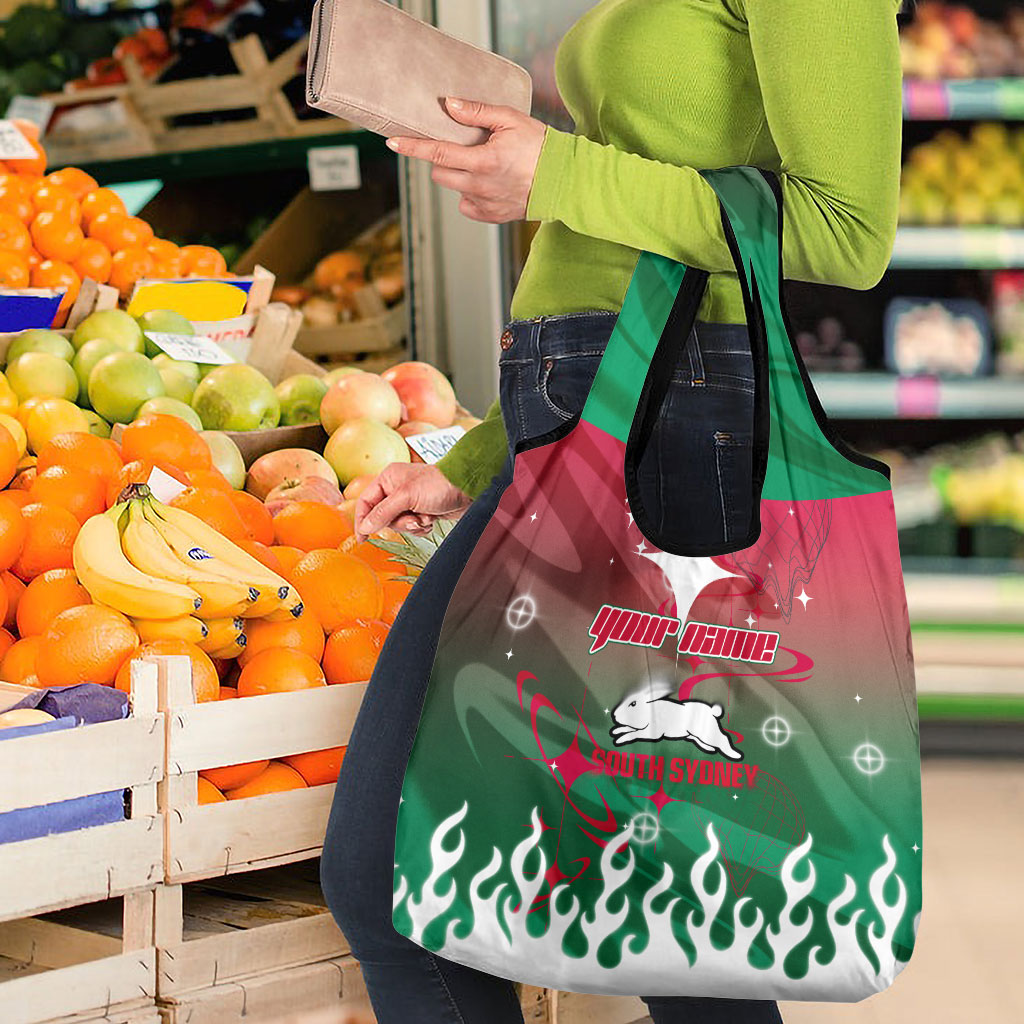 Personalized South Sydney Rabbitohs Grocery Bag Y2K Grunge Aesthetic With Cyber Flames and Starburst Graphics