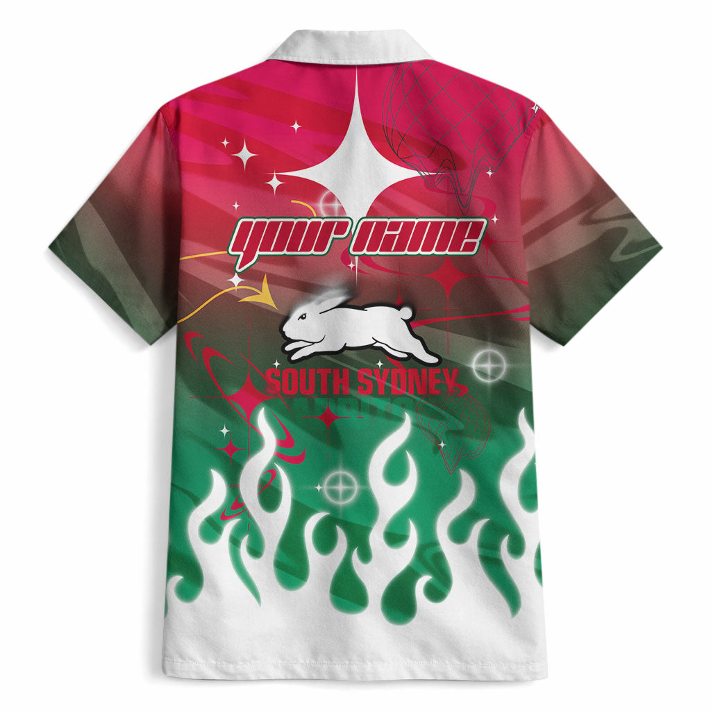 Personalized South Sydney Rabbitohs Hawaiian Shirt Y2K Grunge Aesthetic With Cyber Flames and Starburst Graphics