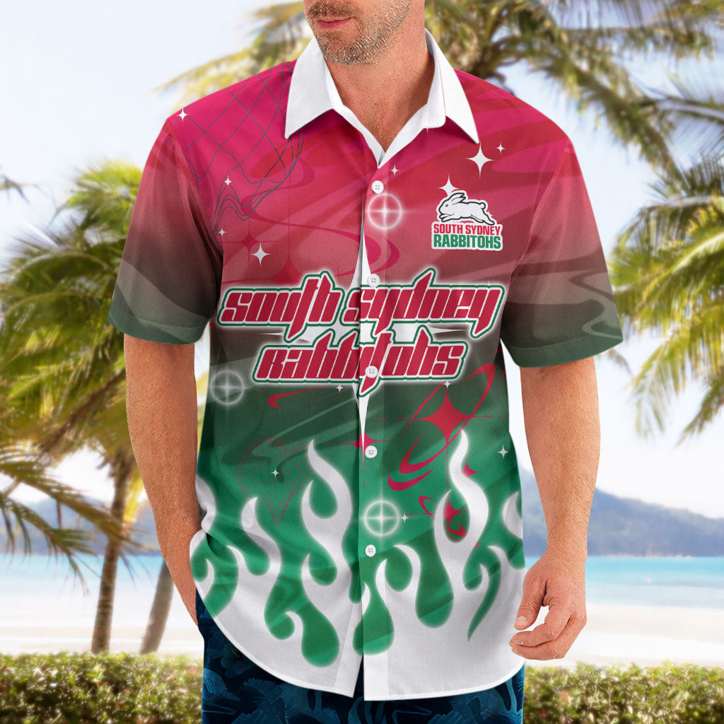 Personalized South Sydney Rabbitohs Hawaiian Shirt Y2K Grunge Aesthetic With Cyber Flames and Starburst Graphics
