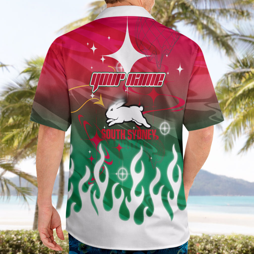 Personalized South Sydney Rabbitohs Hawaiian Shirt Y2K Grunge Aesthetic With Cyber Flames and Starburst Graphics