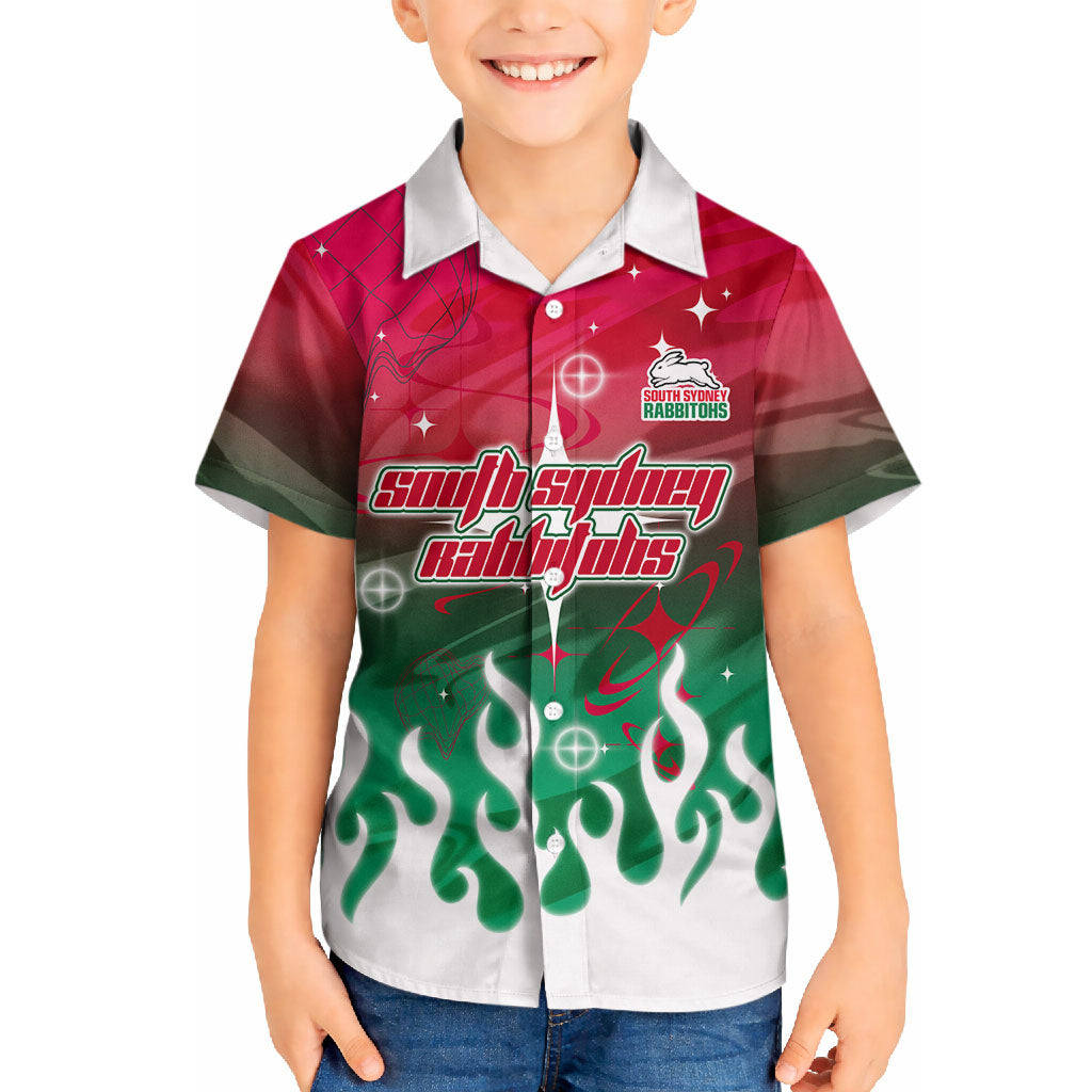 Personalized South Sydney Rabbitohs Hawaiian Shirt Y2K Grunge Aesthetic With Cyber Flames and Starburst Graphics