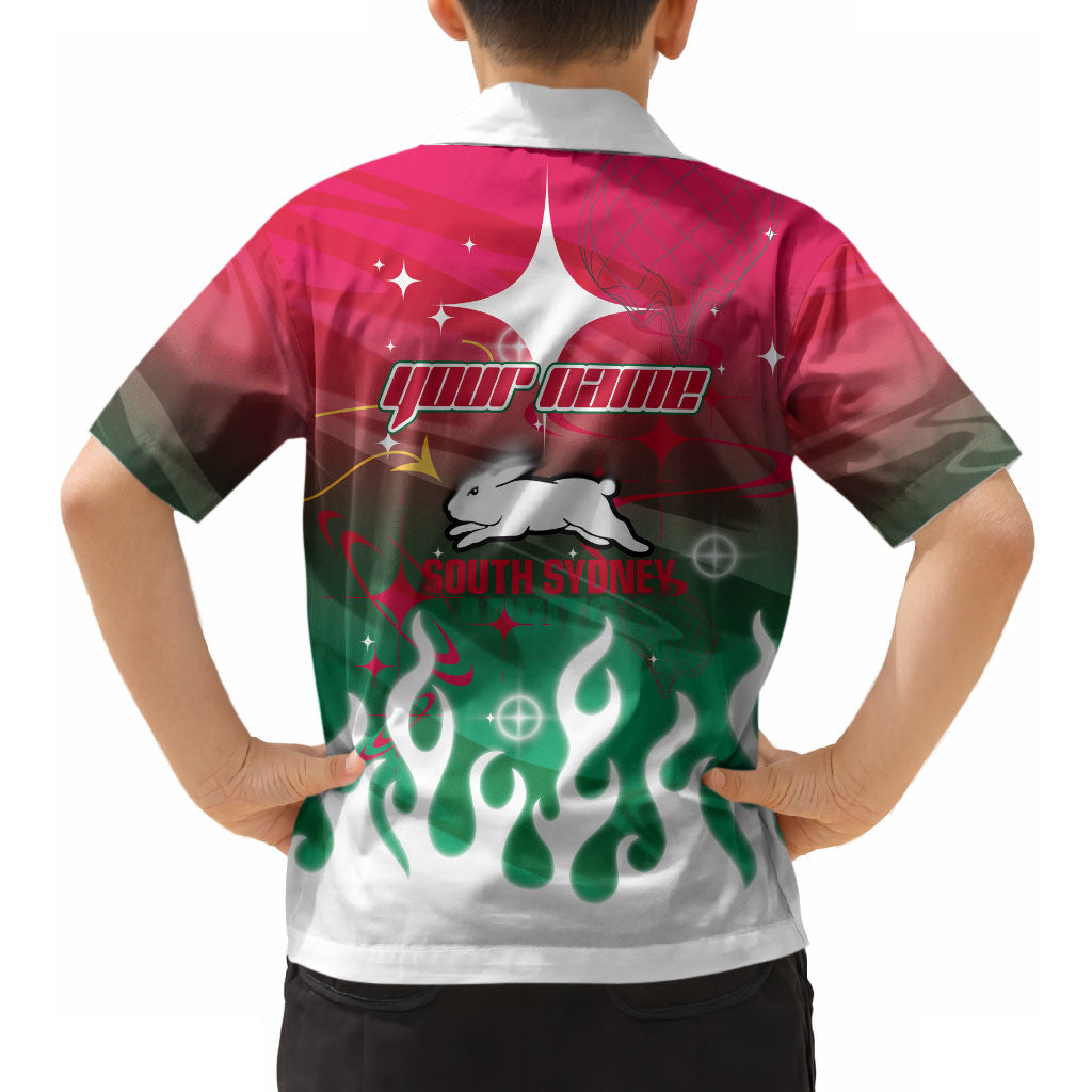 Personalized South Sydney Rabbitohs Hawaiian Shirt Y2K Grunge Aesthetic With Cyber Flames and Starburst Graphics