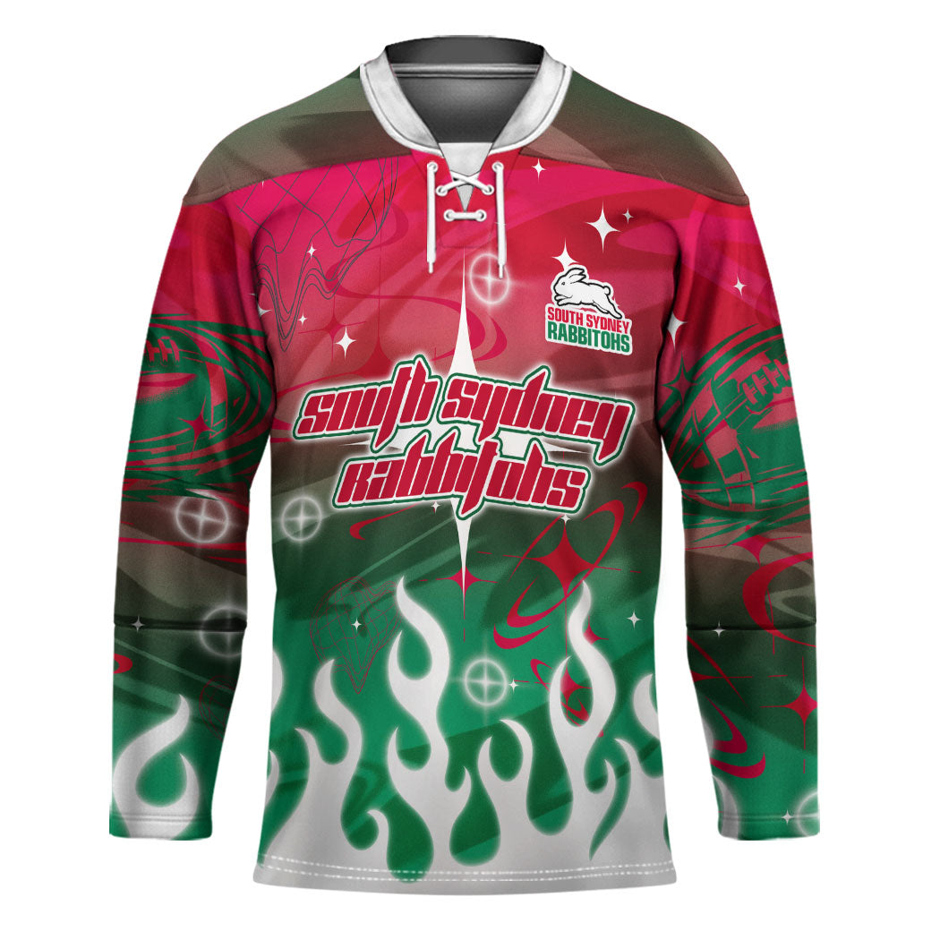 Personalized South Sydney Rabbitohs Hockey Jersey Y2K Grunge Aesthetic With Cyber Flames and Starburst Graphics