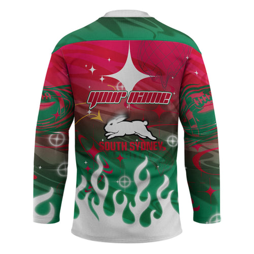 Personalized South Sydney Rabbitohs Hockey Jersey Y2K Grunge Aesthetic With Cyber Flames and Starburst Graphics
