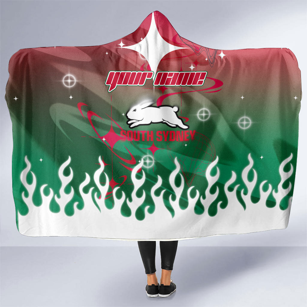 Personalized South Sydney Rabbitohs Hooded Blanket Y2K Grunge Aesthetic With Cyber Flames and Starburst Graphics