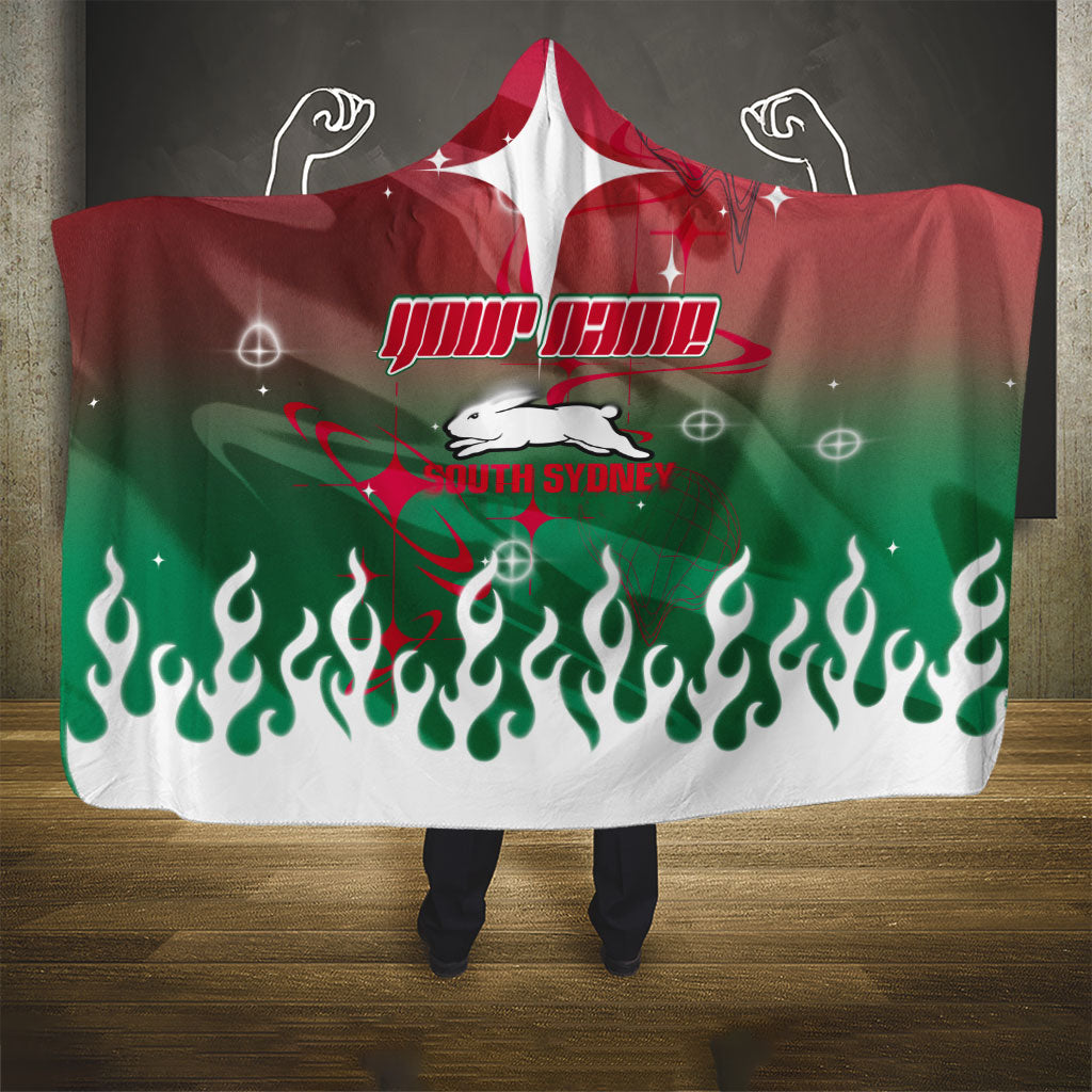 Personalized South Sydney Rabbitohs Hooded Blanket Y2K Grunge Aesthetic With Cyber Flames and Starburst Graphics
