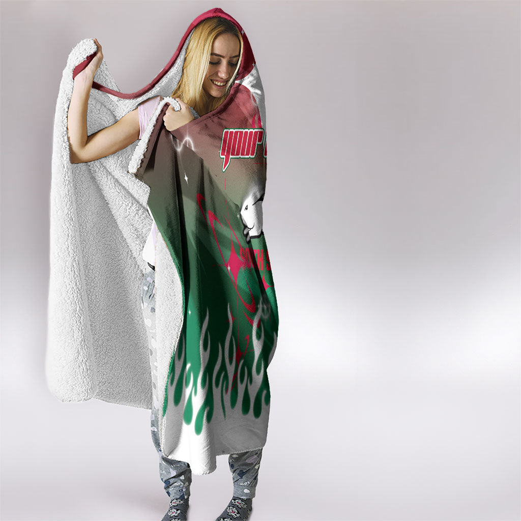 Personalized South Sydney Rabbitohs Hooded Blanket Y2K Grunge Aesthetic With Cyber Flames and Starburst Graphics
