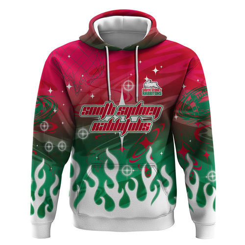 Personalized South Sydney Rabbitohs Hoodie Y2K Grunge Aesthetic With Cyber Flames and Starburst Graphics