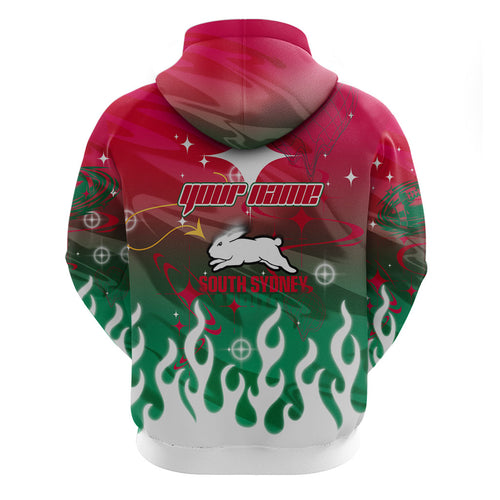 Personalized South Sydney Rabbitohs Hoodie Y2K Grunge Aesthetic With Cyber Flames and Starburst Graphics